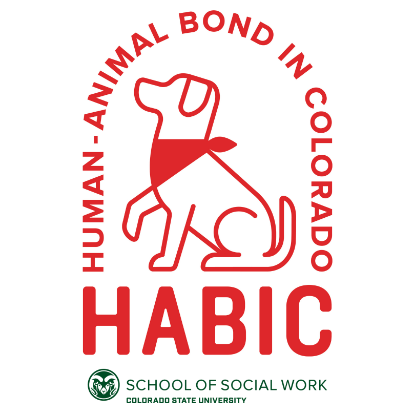 human-animal bond in colorado logo is red with a dog wearing a red bandana and the acronym habic