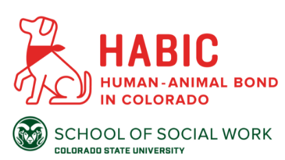 human-animal bond in colorado logo is red with a dog wearing a red bandana and the acronym habic; the school of social work logo is green and includes the CSU ram head